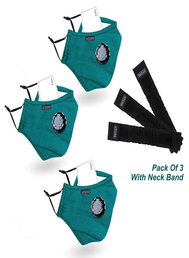 Xtore N-95 FDA CE Certified Pure Cotton Anti-pollution Reusable Washable mask with Valve for Men and Women (Pack of 3, 3 Filters, 3 Head Band, Turquoise) - Image 2